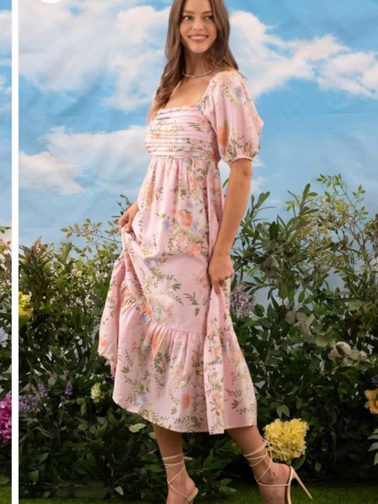 By The River Dresses & Skirts - By The River Floral Pink Puff Midi Sleeve Dress